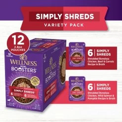 Wellness Bowl Boosters Simply Shreds Wet Adult Dog Food Toppers - 2.8 Oz., 12 Count, Variety Pack -Pet Essentials Shop 5338140 alt2